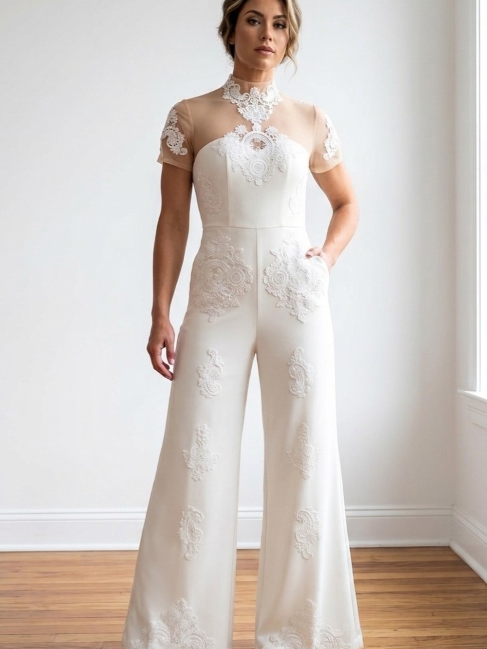 Ivory Cream Guipure Lace Illusion Neck Wide Leg Bridal Jumpsuit w/ Pockets Small